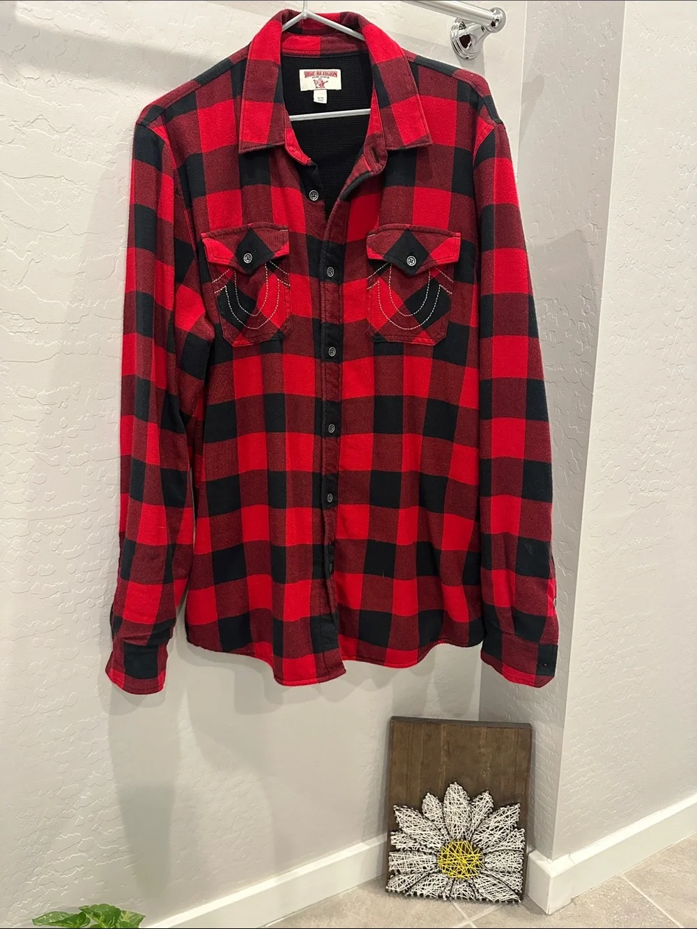 True Religion Red and Black Plaid Lightweight Thermal Jacket